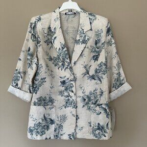 VTG Sag Harbor Women 12 Petite Linen Blend Blue Floral Blazer Southern Jacket